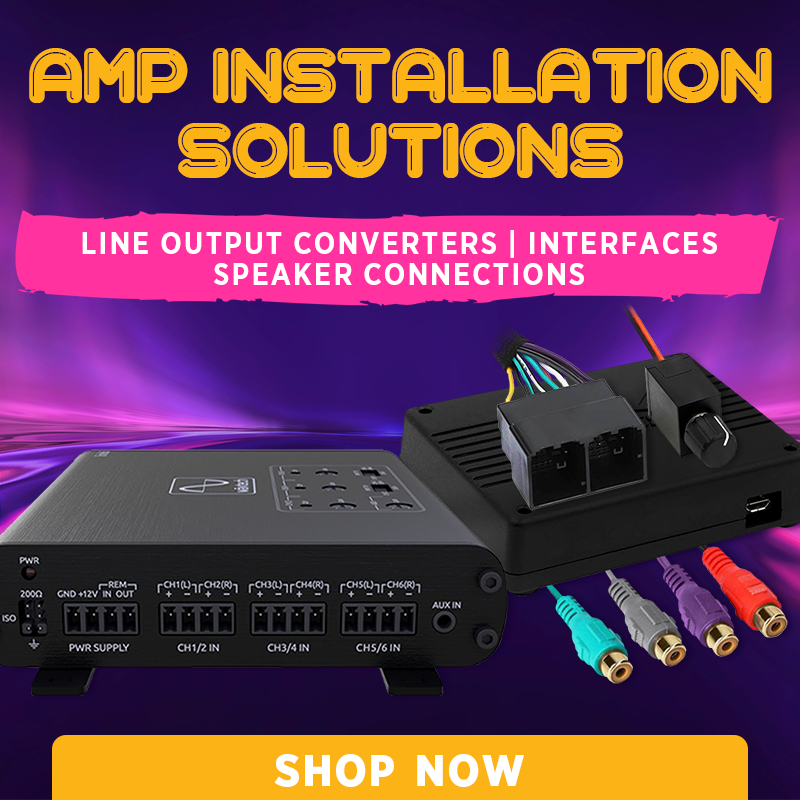 Purple and pink graphic showing two amplifier installation product