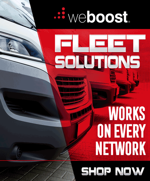 Weboost Fleet Solutions supports fleet tracking, works on every network, image of fleet vehicles lined up