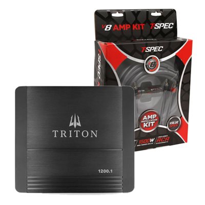 Triton Audio Amp Bundle (1x1200W Mono Amplifier & 4 ga Amp Install Kit w / RCA Cables)